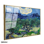 Altın Renk Metal Çerçeveli Tamperli Cam Tablo Van Gogh Zeytin Ağaçları Mavi Dağlar Bulutlu Ressam Tablosu Duvar Dekoru