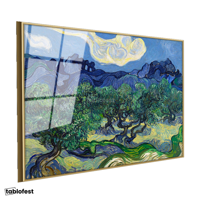 Altın Renk Metal Çerçeveli Tamperli Cam Tablo Van Gogh Zeytin Ağaçları Mavi Dağlar Bulutlu Ressam Tablosu Duvar Dekoru