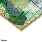 Altın Renk Metal Çerçeveli Tamperli Cam Tablo Van Gogh Zeytin Ağaçları Mavi Dağlar Bulutlu Ressam Tablosu Duvar Dekoru