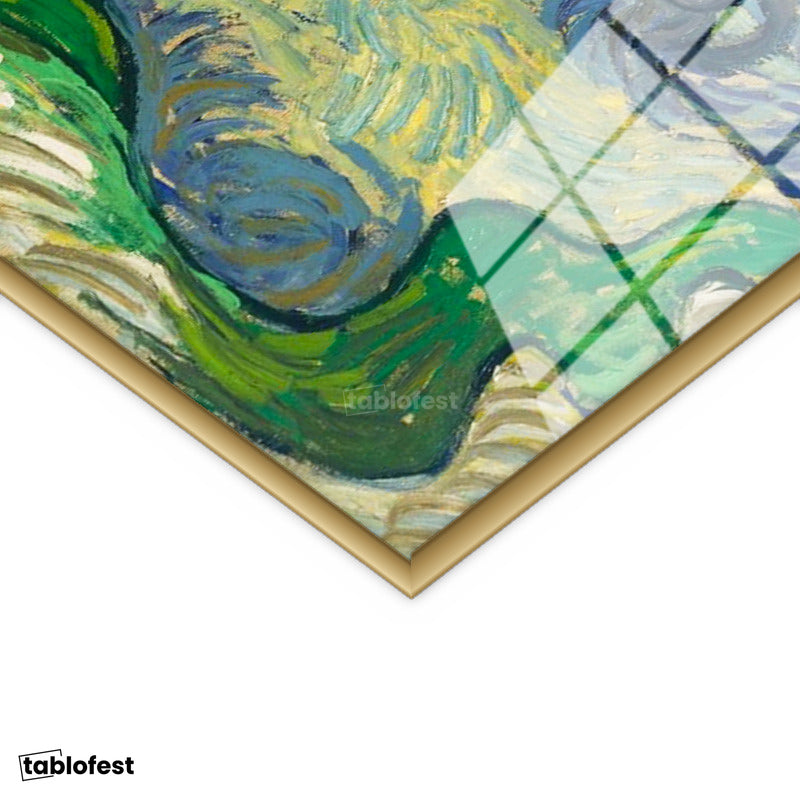 Altın Renk Metal Çerçeveli Tamperli Cam Tablo Van Gogh Zeytin Ağaçları Mavi Dağlar Bulutlu Ressam Tablosu Duvar Dekoru