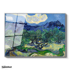 Gümüş Renk Metal Çerçeveli Tamperli Cam Tablo Van Gogh Zeytin Ağaçları Mavi Dağlar Bulutlu Ressam Tablosu Duvar Dekoru