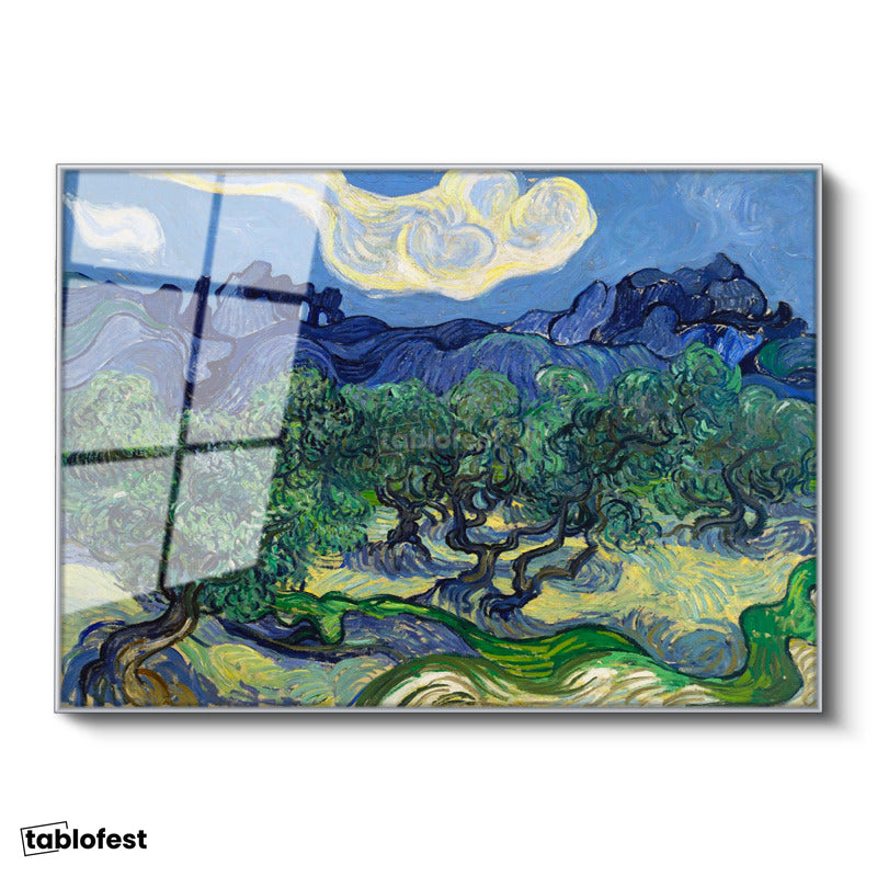 Gümüş Renk Metal Çerçeveli Tamperli Cam Tablo Van Gogh Zeytin Ağaçları Mavi Dağlar Bulutlu Ressam Tablosu Duvar Dekoru