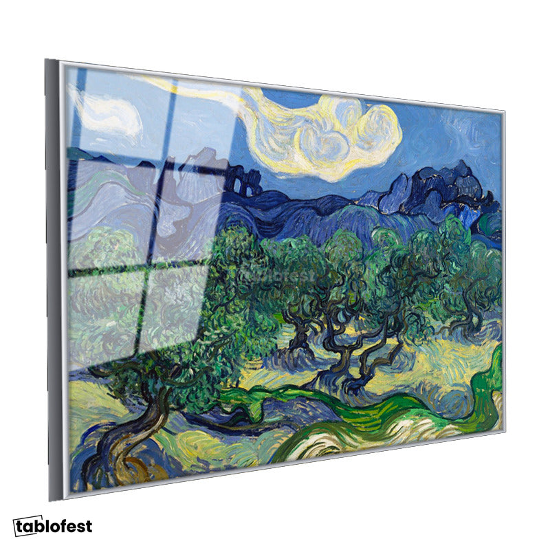 Gümüş Renk Metal Çerçeveli Tamperli Cam Tablo Van Gogh Zeytin Ağaçları Mavi Dağlar Bulutlu Ressam Tablosu Duvar Dekoru
