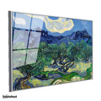 Gümüş Renk Metal Çerçeveli Tamperli Cam Tablo Van Gogh Zeytin Ağaçları Mavi Dağlar Bulutlu Ressam Tablosu Duvar Dekoru