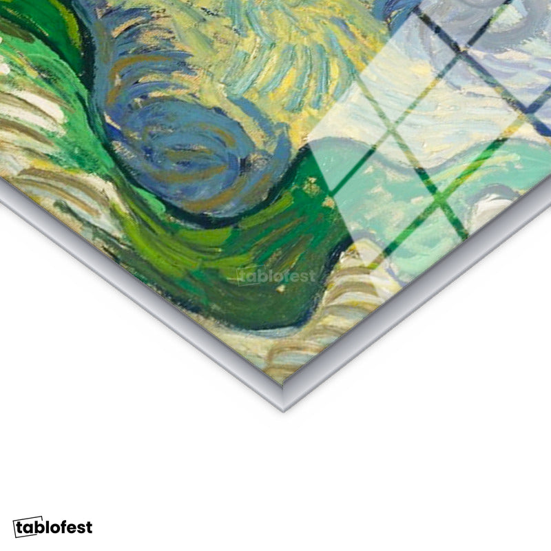 Gümüş Renk Metal Çerçeveli Tamperli Cam Tablo Van Gogh Zeytin Ağaçları Mavi Dağlar Bulutlu Ressam Tablosu Duvar Dekoru