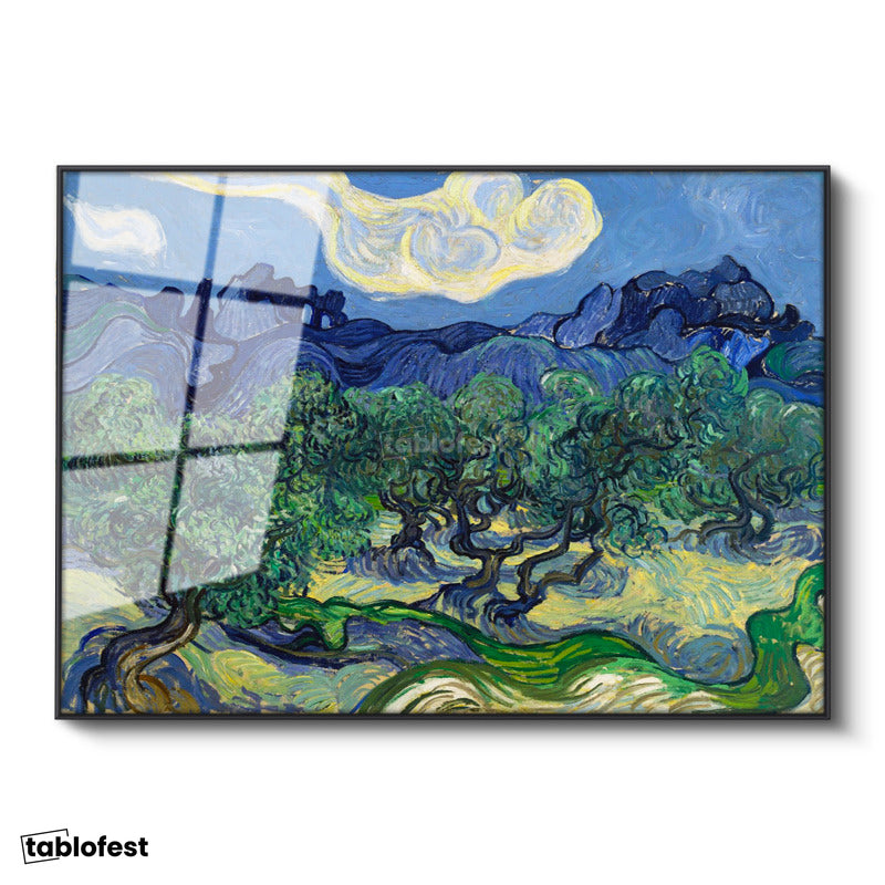 Siyah Renk Metal Çerçeveli Tamperli Cam Tablo Van Gogh Zeytin Ağaçları Mavi Dağlar Bulutlu Ressam Tablosu Duvar Dekoru