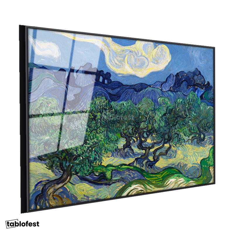 Siyah Renk Metal Çerçeveli Tamperli Cam Tablo Van Gogh Zeytin Ağaçları Mavi Dağlar Bulutlu Ressam Tablosu Duvar Dekoru