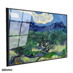 Siyah Renk Metal Çerçeveli Tamperli Cam Tablo Van Gogh Zeytin Ağaçları Mavi Dağlar Bulutlu Ressam Tablosu Duvar Dekoru