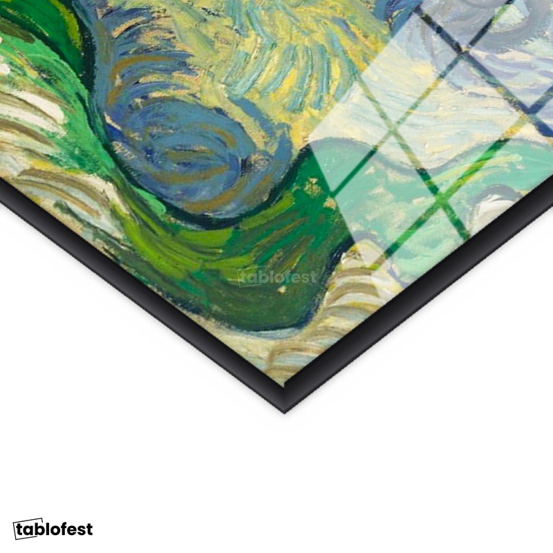 Siyah Renk Metal Çerçeveli Tamperli Cam Tablo Van Gogh Zeytin Ağaçları Mavi Dağlar Bulutlu Ressam Tablosu Duvar Dekoru