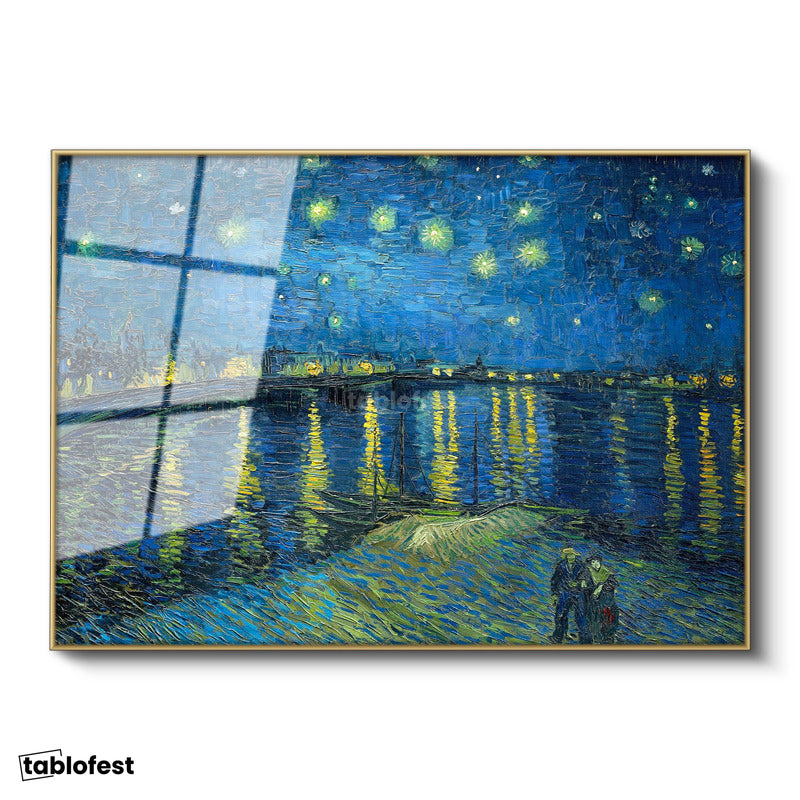 Altın Renk Metal Çerçeveli Tamperli Cam Tablo Van Gogh Rhone Üzerinde Yıldızlı Gece Rıhtım Ressam Tablosu Duvar Dekoru