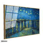 Altın Renk Metal Çerçeveli Tamperli Cam Tablo Van Gogh Rhone Üzerinde Yıldızlı Gece Rıhtım Ressam Tablosu Duvar Dekoru
