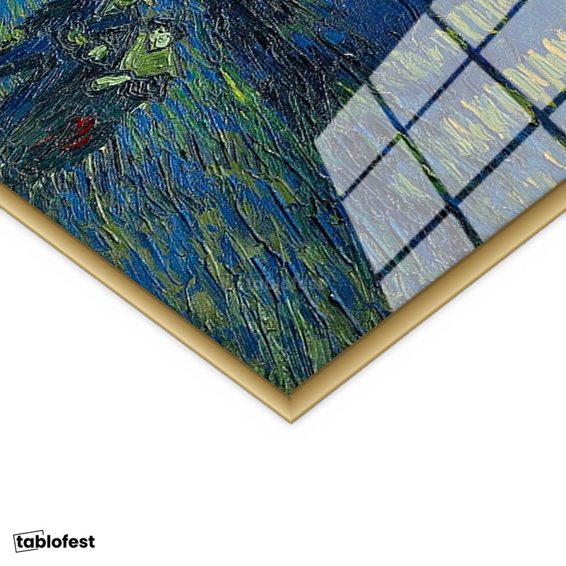 Altın Renk Metal Çerçeveli Tamperli Cam Tablo Van Gogh Rhone Üzerinde Yıldızlı Gece Rıhtım Ressam Tablosu Duvar Dekoru