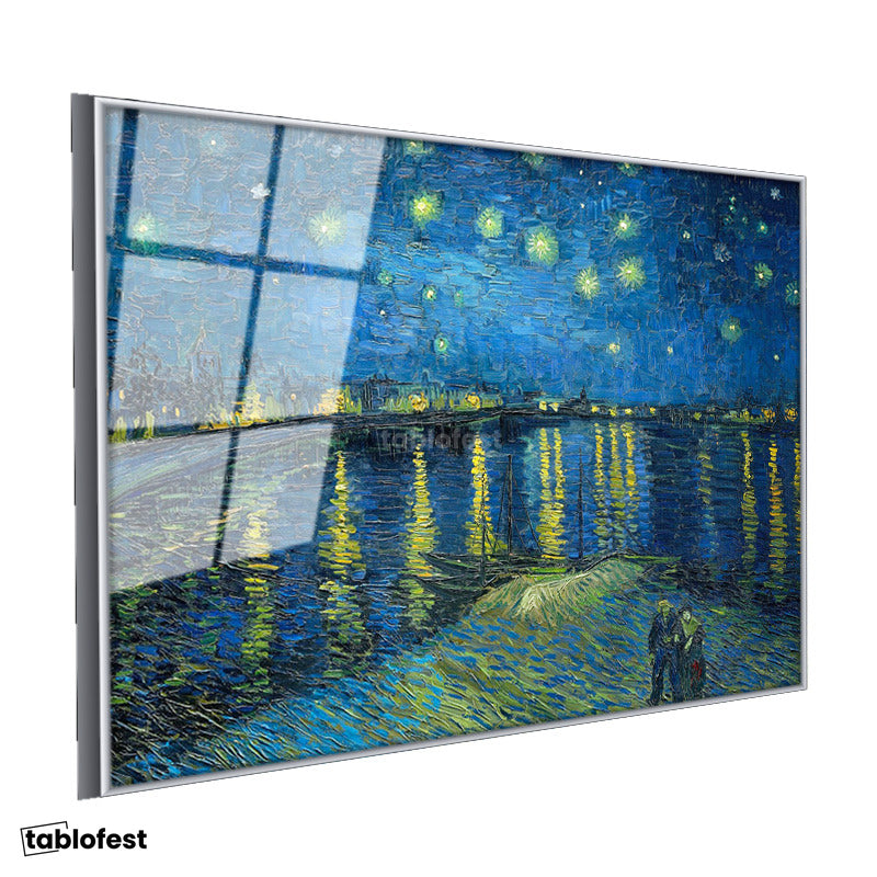 Gümüş Renk Metal Çerçeveli Tamperli Cam Tablo Van Gogh Rhone Üzerinde Yıldızlı Gece Rıhtım Ressam Tablosu Duvar Dekoru