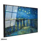 Siyah Renk Metal Çerçeveli Tamperli Cam Tablo Van Gogh Rhone Üzerinde Yıldızlı Gece Rıhtım Ressam Tablosu Duvar Dekoru