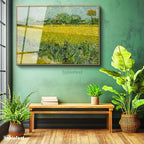 Altın Renk Metal Çerçeveli Tamperli Cam Tablo Van Gogh Buğday Tarlası Köy Ressam Tablosu Duvar Dekoru