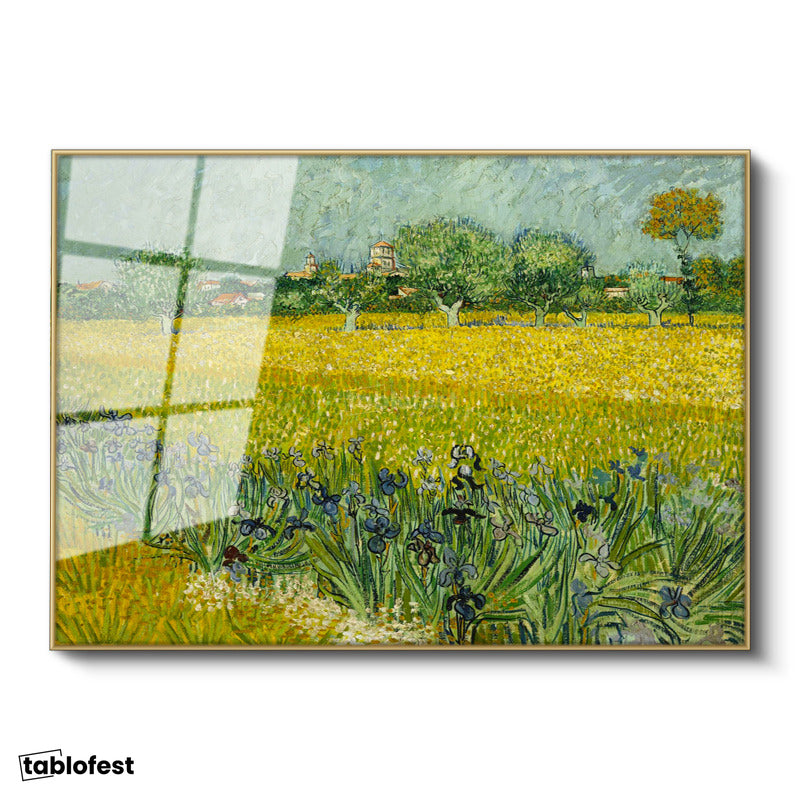 Altın Renk Metal Çerçeveli Tamperli Cam Tablo Van Gogh Buğday Tarlası Köy Ressam Tablosu Duvar Dekoru