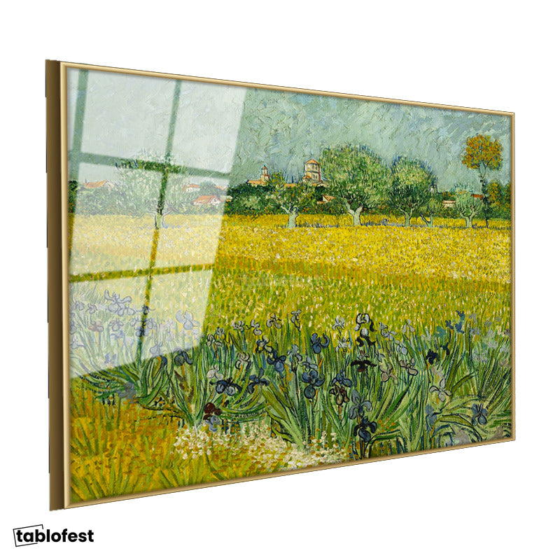 Altın Renk Metal Çerçeveli Tamperli Cam Tablo Van Gogh Buğday Tarlası Köy Ressam Tablosu Duvar Dekoru