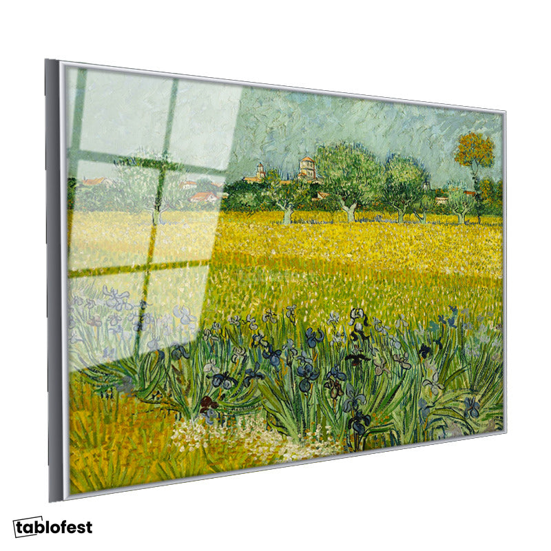 Gümüş Renk Metal Çerçeveli Tamperli Cam Tablo Van Gogh Buğday Tarlası Köy Ressam Tablosu Duvar Dekoru