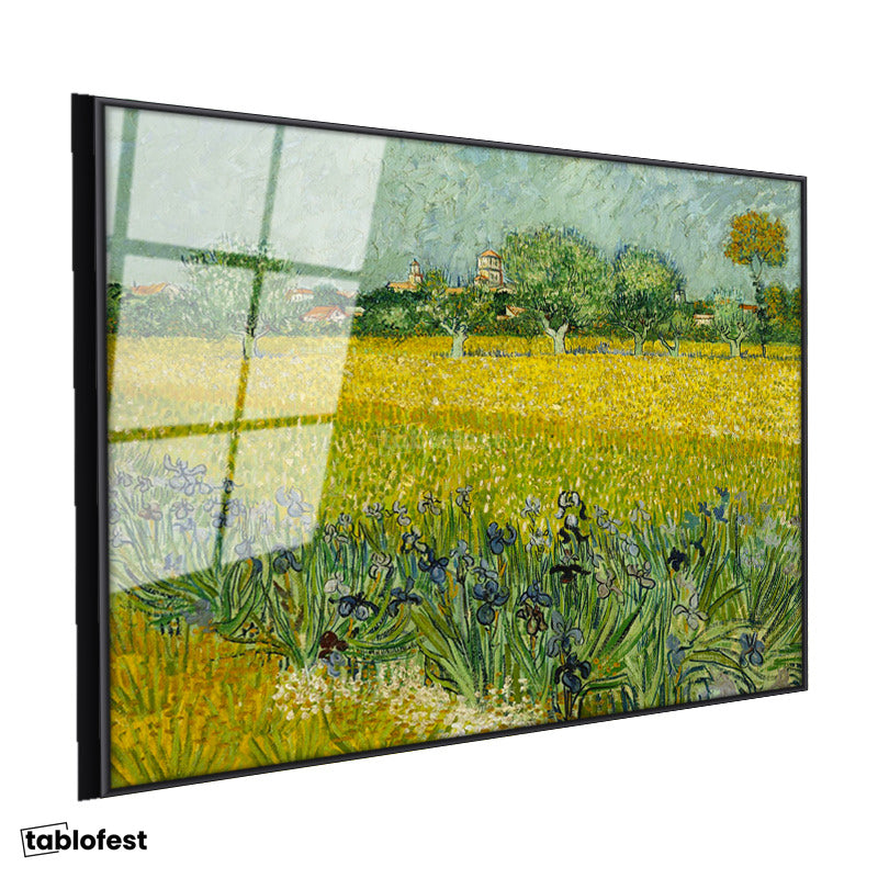 Siyah Renk Metal Çerçeveli Tamperli Cam Tablo Van Gogh Buğday Tarlası Köy Ressam Tablosu Duvar Dekoru