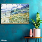 Altın Renk Metal Çerçeveli Tamperli Cam Tablo Van Gogh Buğday Tarlası Yokuş Yukarı Ressam Tablosu Duvar Dekoru