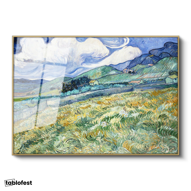 Altın Renk Metal Çerçeveli Tamperli Cam Tablo Van Gogh Buğday Tarlası Yokuş Yukarı Ressam Tablosu Duvar Dekoru