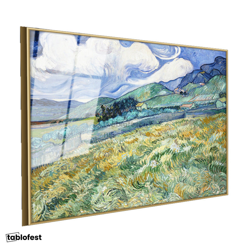 Altın Renk Metal Çerçeveli Tamperli Cam Tablo Van Gogh Buğday Tarlası Yokuş Yukarı Ressam Tablosu Duvar Dekoru