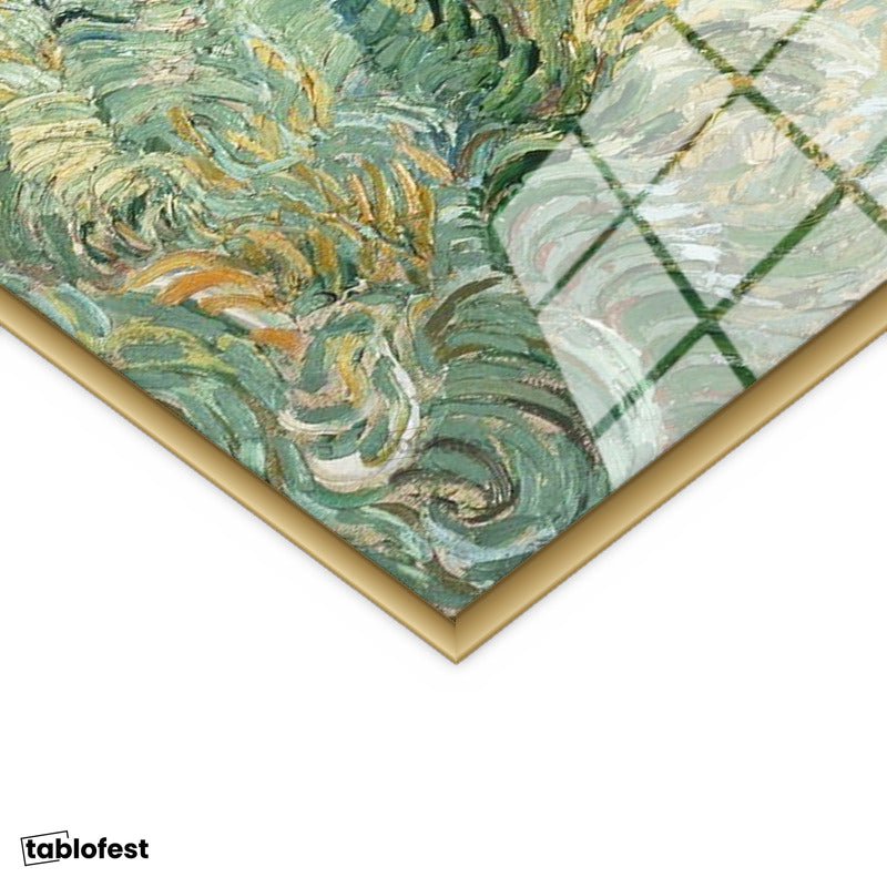 Altın Renk Metal Çerçeveli Tamperli Cam Tablo Van Gogh Buğday Tarlası Yokuş Yukarı Ressam Tablosu Duvar Dekoru