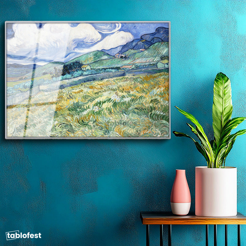 Gümüş Renk Metal Çerçeveli Tamperli Cam Tablo Van Gogh Buğday Tarlası Yokuş Yukarı Ressam Tablosu Duvar Dekoru
