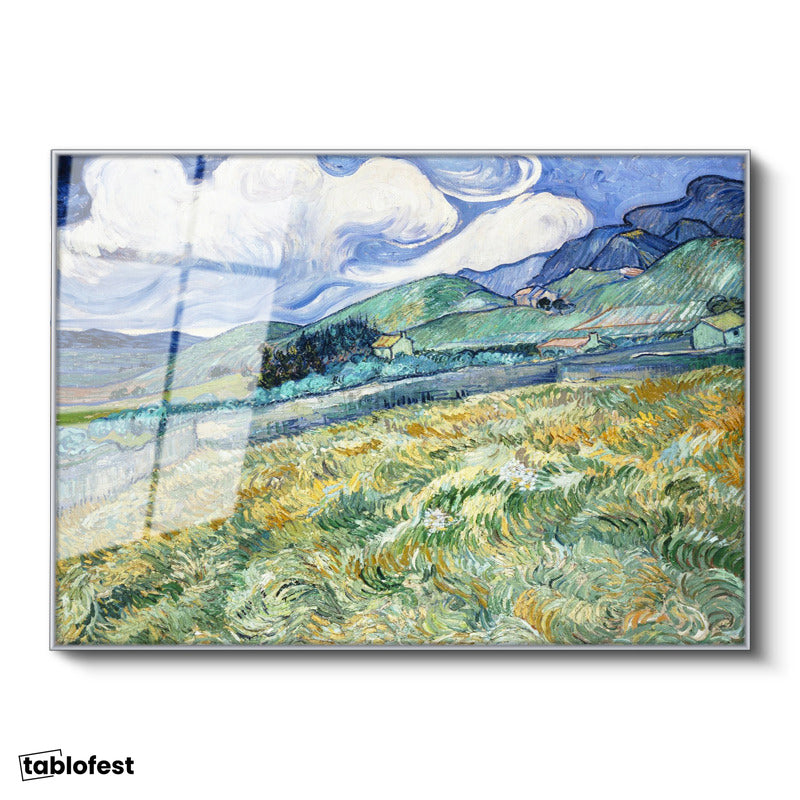 Gümüş Renk Metal Çerçeveli Tamperli Cam Tablo Van Gogh Buğday Tarlası Yokuş Yukarı Ressam Tablosu Duvar Dekoru