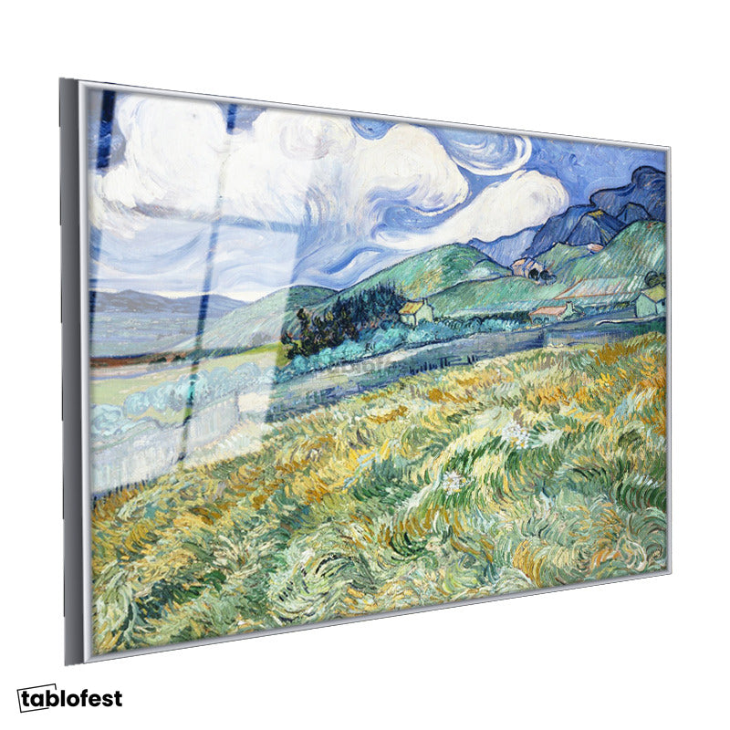 Gümüş Renk Metal Çerçeveli Tamperli Cam Tablo Van Gogh Buğday Tarlası Yokuş Yukarı Ressam Tablosu Duvar Dekoru