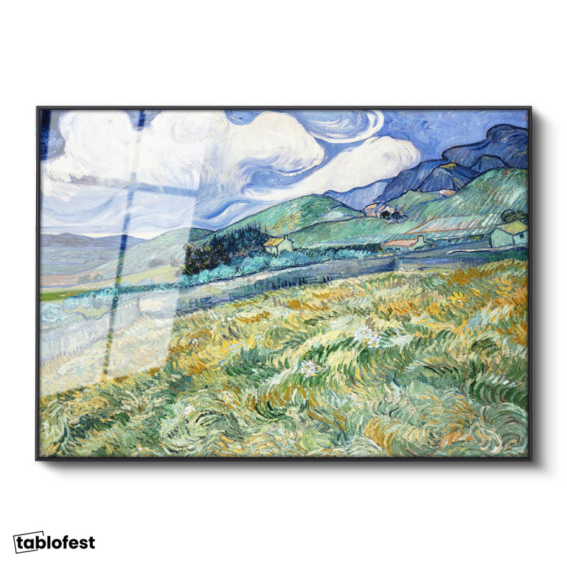 Siyah Renk Metal Çerçeveli Tamperli Cam Tablo Van Gogh Buğday Tarlası Yokuş Yukarı Ressam Tablosu Duvar Dekoru