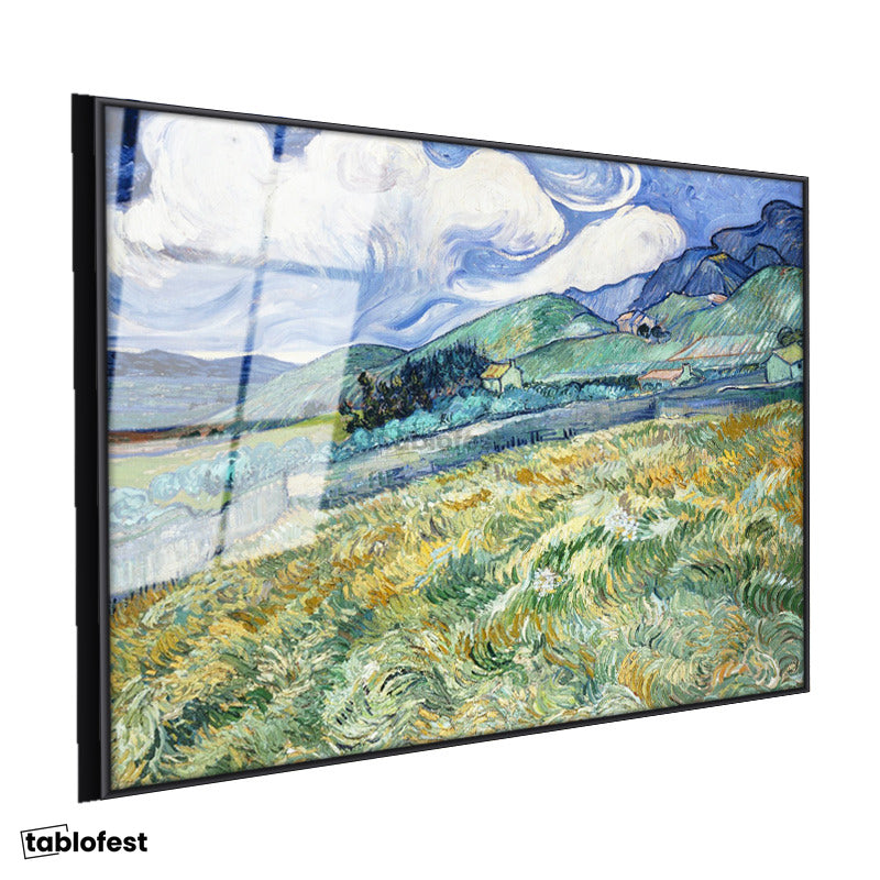 Siyah Renk Metal Çerçeveli Tamperli Cam Tablo Van Gogh Buğday Tarlası Yokuş Yukarı Ressam Tablosu Duvar Dekoru