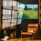 Altın Renk Metal Çerçeveli Tamperli Cam Tablo Van Gogh Selvili Çayır Çiftlik Evi Ressam Tablosu Duvar Dekoru