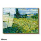 Altın Renk Metal Çerçeveli Tamperli Cam Tablo Van Gogh Selvili Çayır Çiftlik Evi Ressam Tablosu Duvar Dekoru