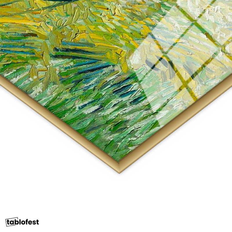 Altın Renk Metal Çerçeveli Tamperli Cam Tablo Van Gogh Selvili Çayır Çiftlik Evi Ressam Tablosu Duvar Dekoru