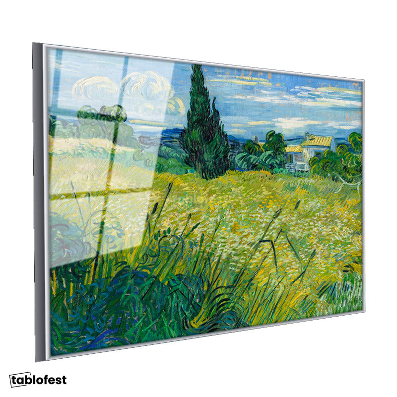 Gümüş Renk Metal Çerçeveli Tamperli Cam Tablo Van Gogh Selvili Çayır Çiftlik Evi Ressam Tablosu Duvar Dekoru