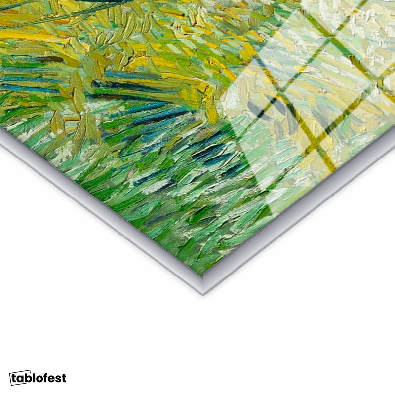 Gümüş Renk Metal Çerçeveli Tamperli Cam Tablo Van Gogh Selvili Çayır Çiftlik Evi Ressam Tablosu Duvar Dekoru