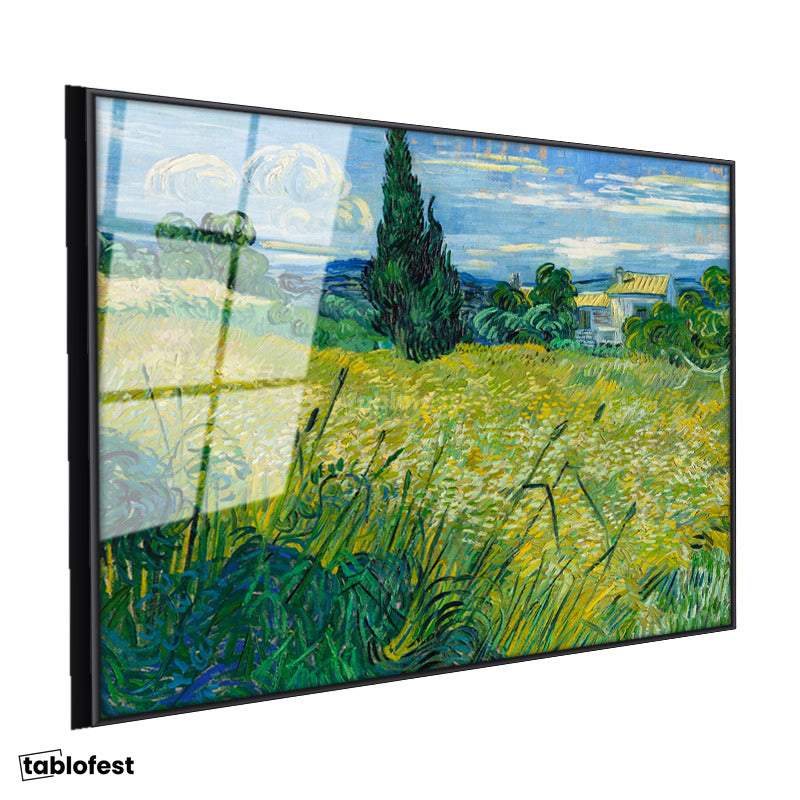 Siyah Renk Metal Çerçeveli Tamperli Cam Tablo Van Gogh Selvili Çayır Çiftlik Evi Ressam Tablosu Duvar Dekoru