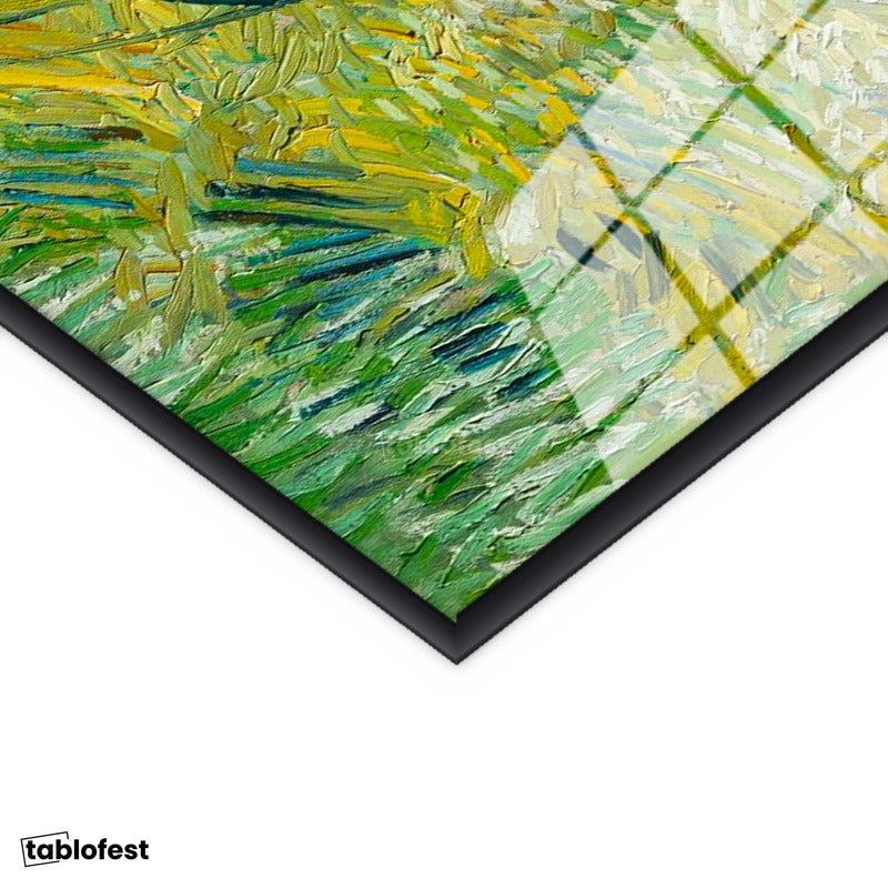 Siyah Renk Metal Çerçeveli Tamperli Cam Tablo Van Gogh Selvili Çayır Çiftlik Evi Ressam Tablosu Duvar Dekoru
