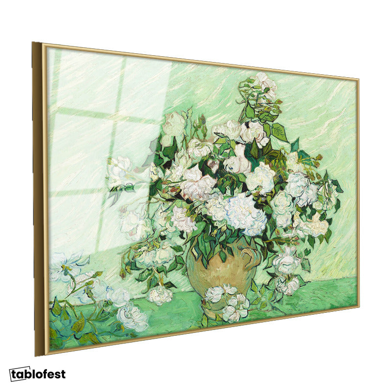 Altın Renk Metal Çerçeveli Tamperli Cam Tablo Van Gogh Beyaz Güller Vazo Çiçekli Natürmort Ressam Tablosu Duvar Dekoru