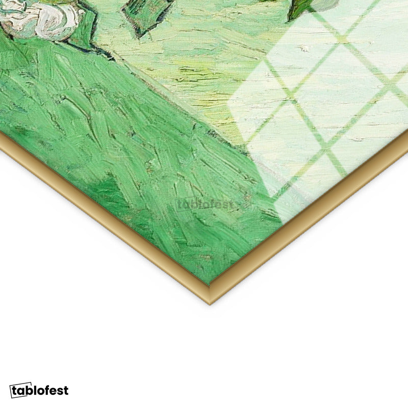Altın Renk Metal Çerçeveli Tamperli Cam Tablo Van Gogh Beyaz Güller Vazo Çiçekli Natürmort Ressam Tablosu Duvar Dekoru