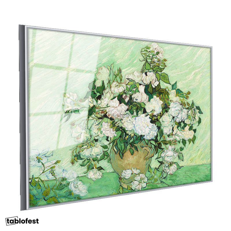Gümüş Renk Metal Çerçeveli Tamperli Cam Tablo Van Gogh Beyaz Güller Vazo Çiçekli Natürmort Ressam Tablosu Duvar Dekoru