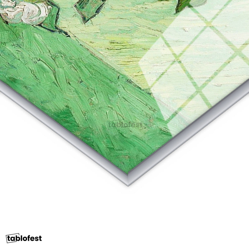Gümüş Renk Metal Çerçeveli Tamperli Cam Tablo Van Gogh Beyaz Güller Vazo Çiçekli Natürmort Ressam Tablosu Duvar Dekoru