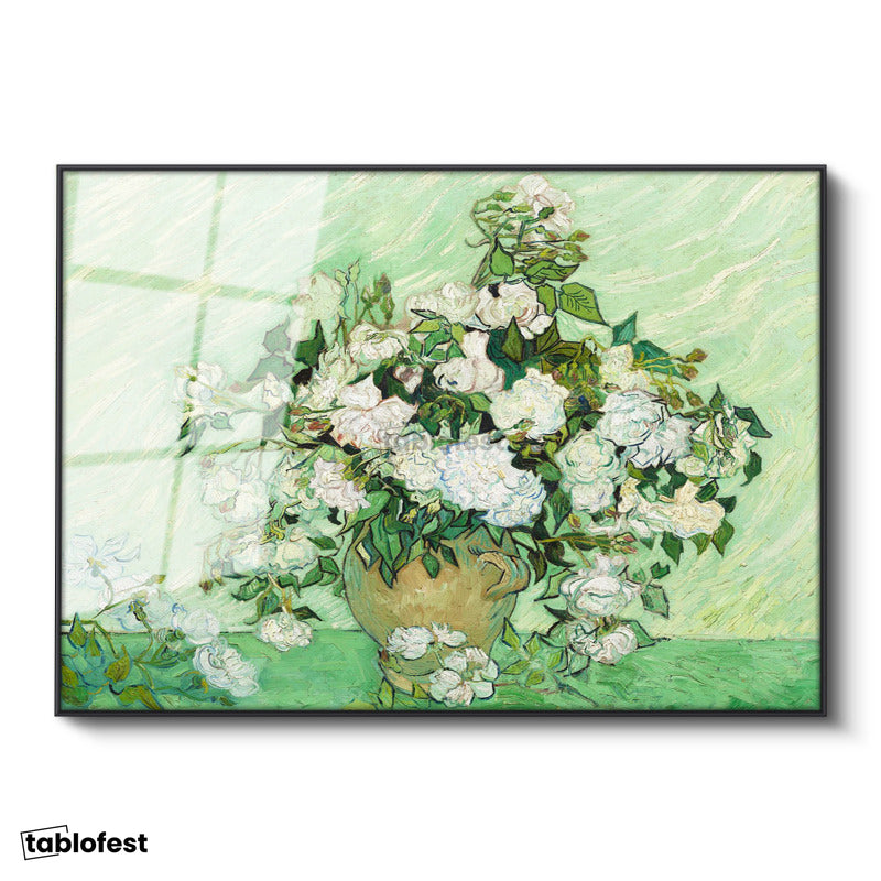 Siyah Renk Metal Çerçeveli Tamperli Cam Tablo Van Gogh Beyaz Güller Vazo Çiçekli Natürmort Ressam Tablosu Duvar Dekoru