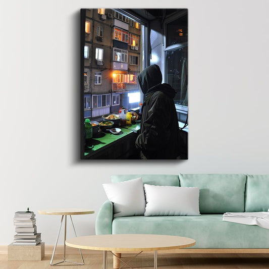 Şehir Manzarası - Gece Penceresi Anime Kanvas Tablo