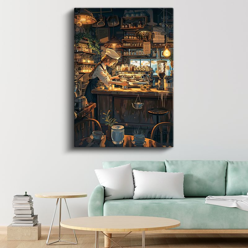 Kahve Ustası - Sıcak Kafe Atmosferi Anime Kanvas Tablo