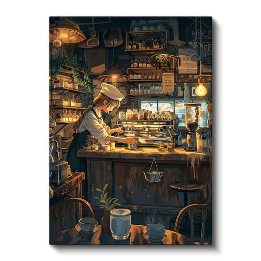 Kahve Ustası - Sıcak Kafe Atmosferi Anime Kanvas Tablo