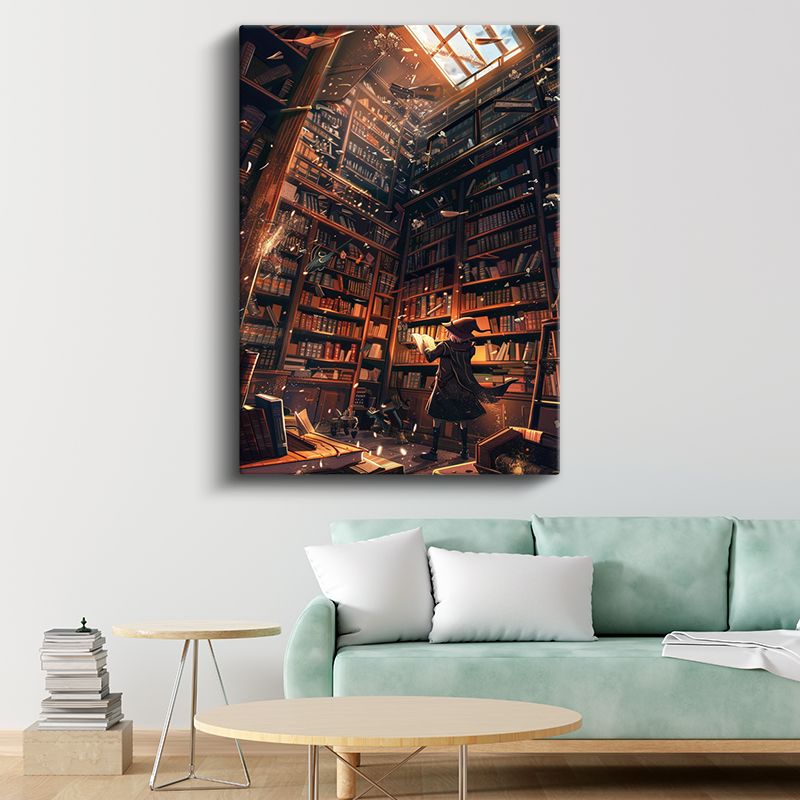 Büyülü Kütüphane - Işıklı Kitap Rafları Anime Kanvas Tablo