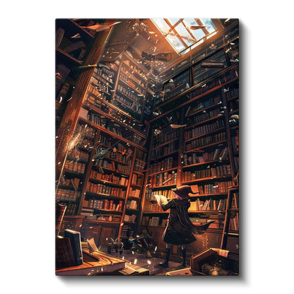 Büyülü Kütüphane - Işıklı Kitap Rafları Anime Kanvas Tablo