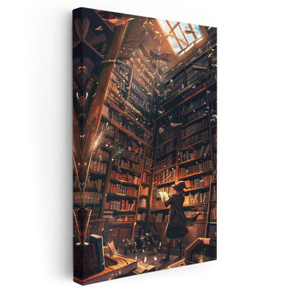 Büyülü Kütüphane - Işıklı Kitap Rafları Anime Kanvas Tablo